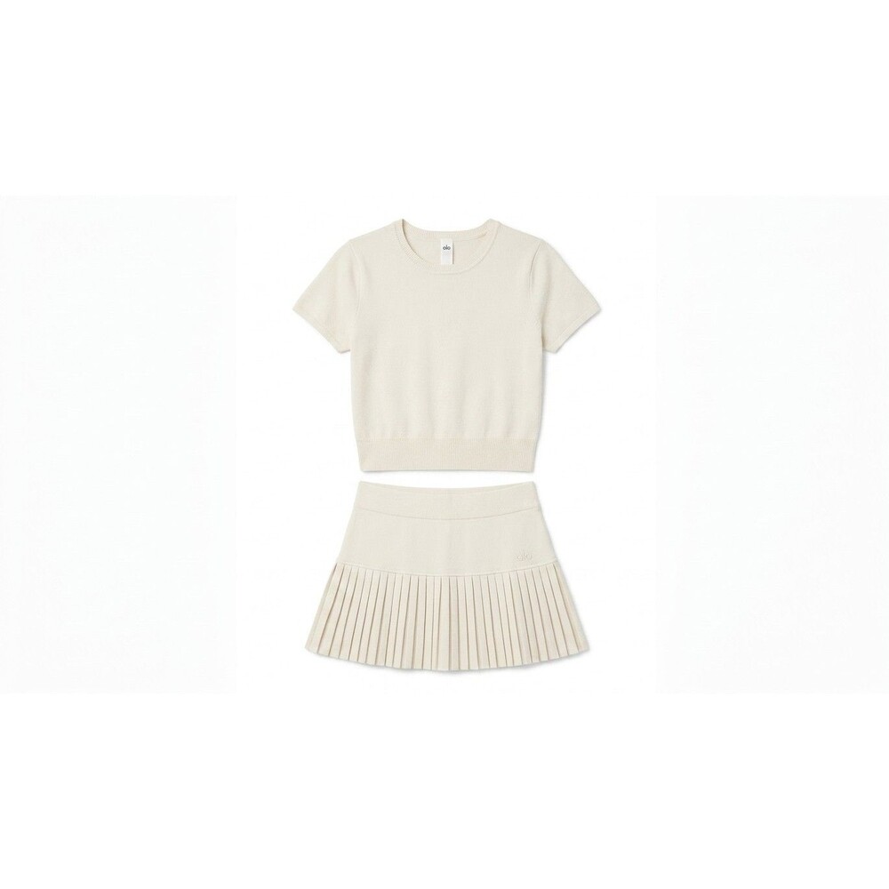 ALO YOGA Match Point Knit 2 Pc Set Short Sleeve Top Pleated Skirt Ivory EUC Med